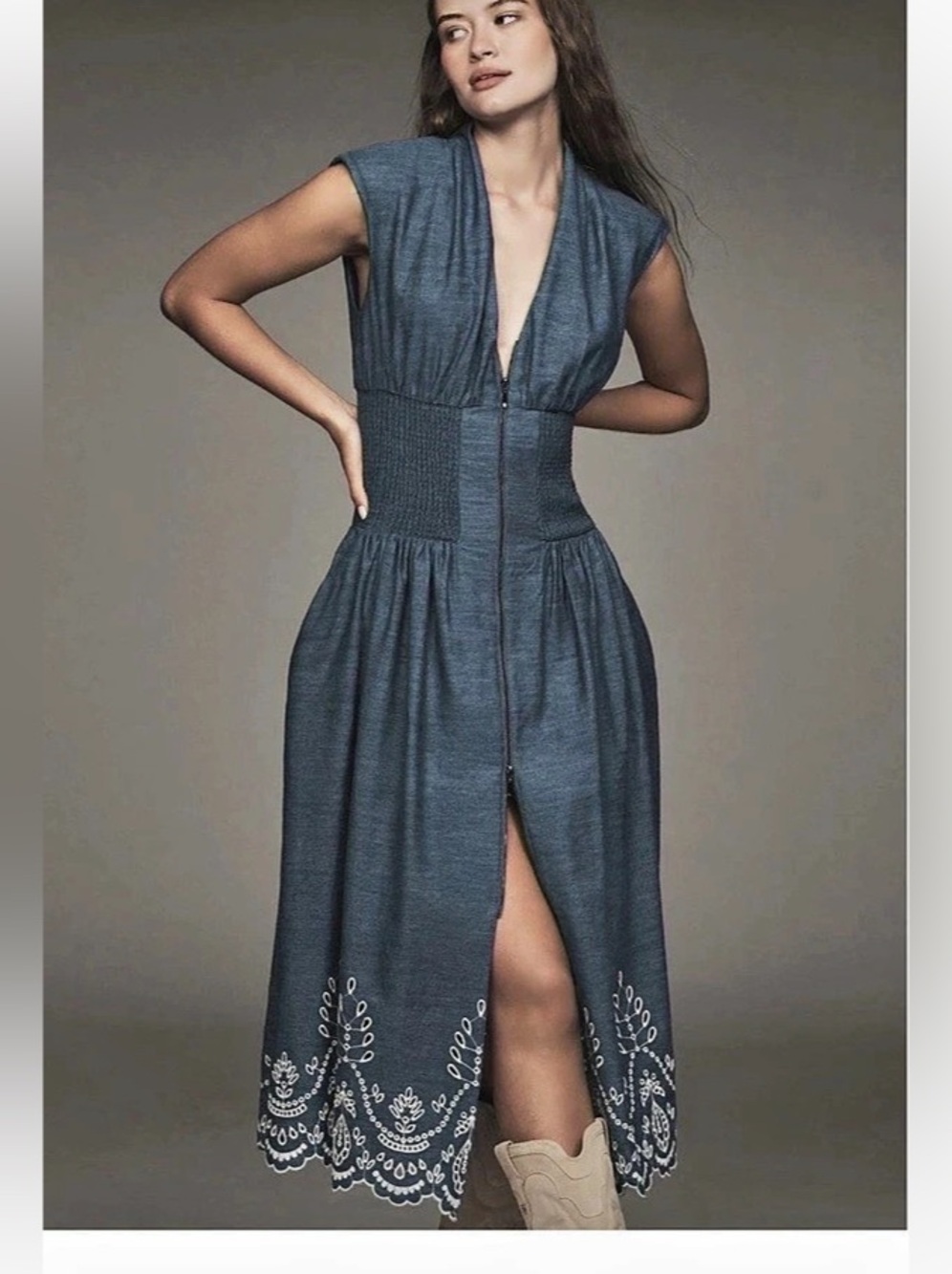 Anthropologie The Tommie Denim Chambray Zip Front Eyelet Trim Small NWT